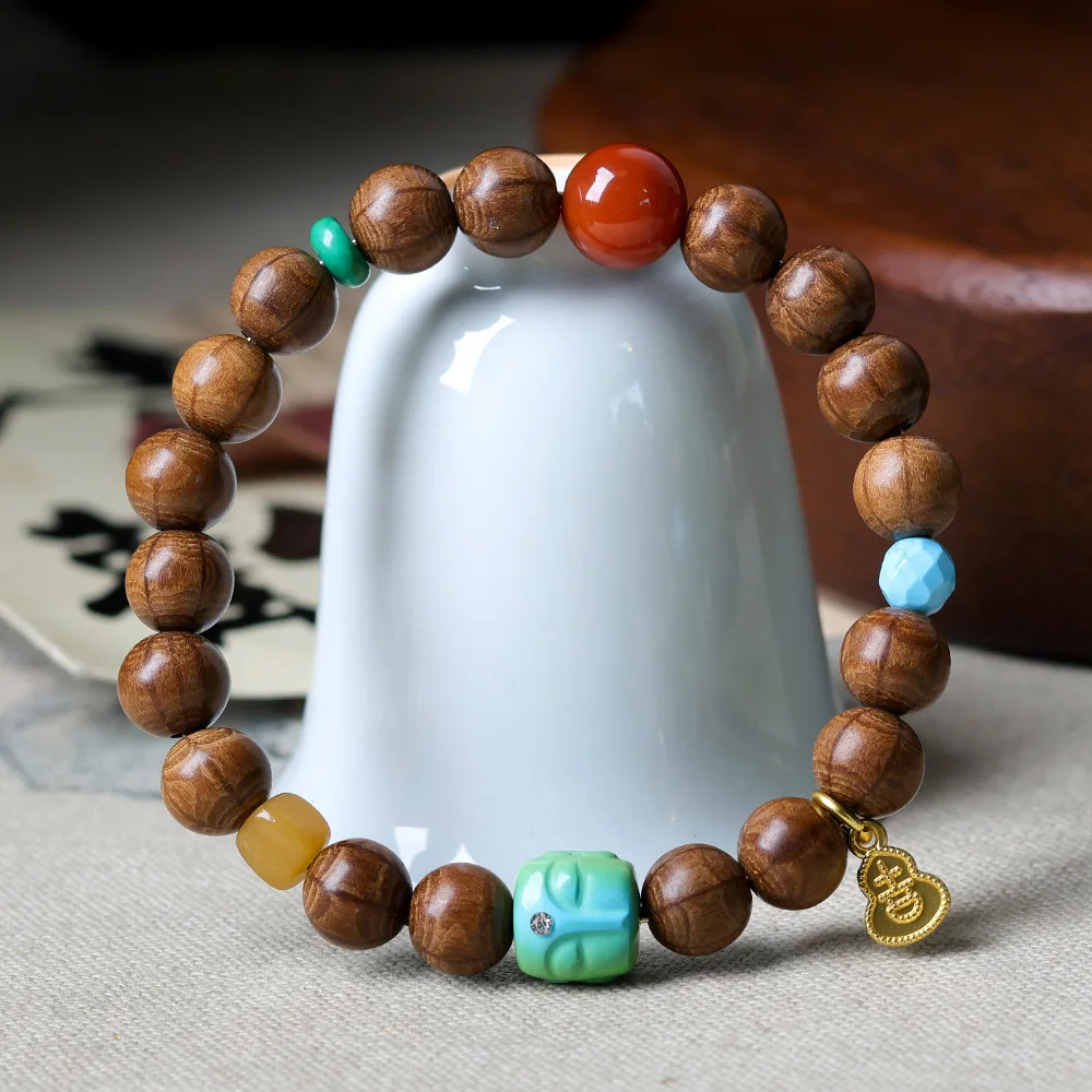 Original design six-dozen wood bracelet Cultural Games magnesite turquoise Buddha head Chinese beeswax strings