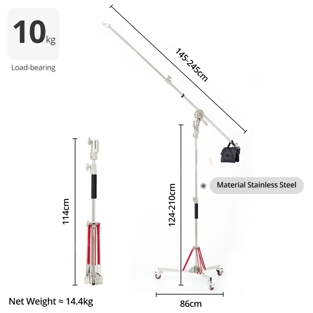 Remotely Adjustable Heavy Duty Stainless Steel 210CM Light Stand + Boom Arm C Stand + Wheel Load Bearing 10KG for Studio Light