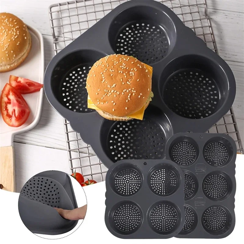 

Non-Stick Silicone Hamburger Bun Mold 4-Cavity Round Heat Resistant Easy to Clean Home Use for Baking Toast BPA Free