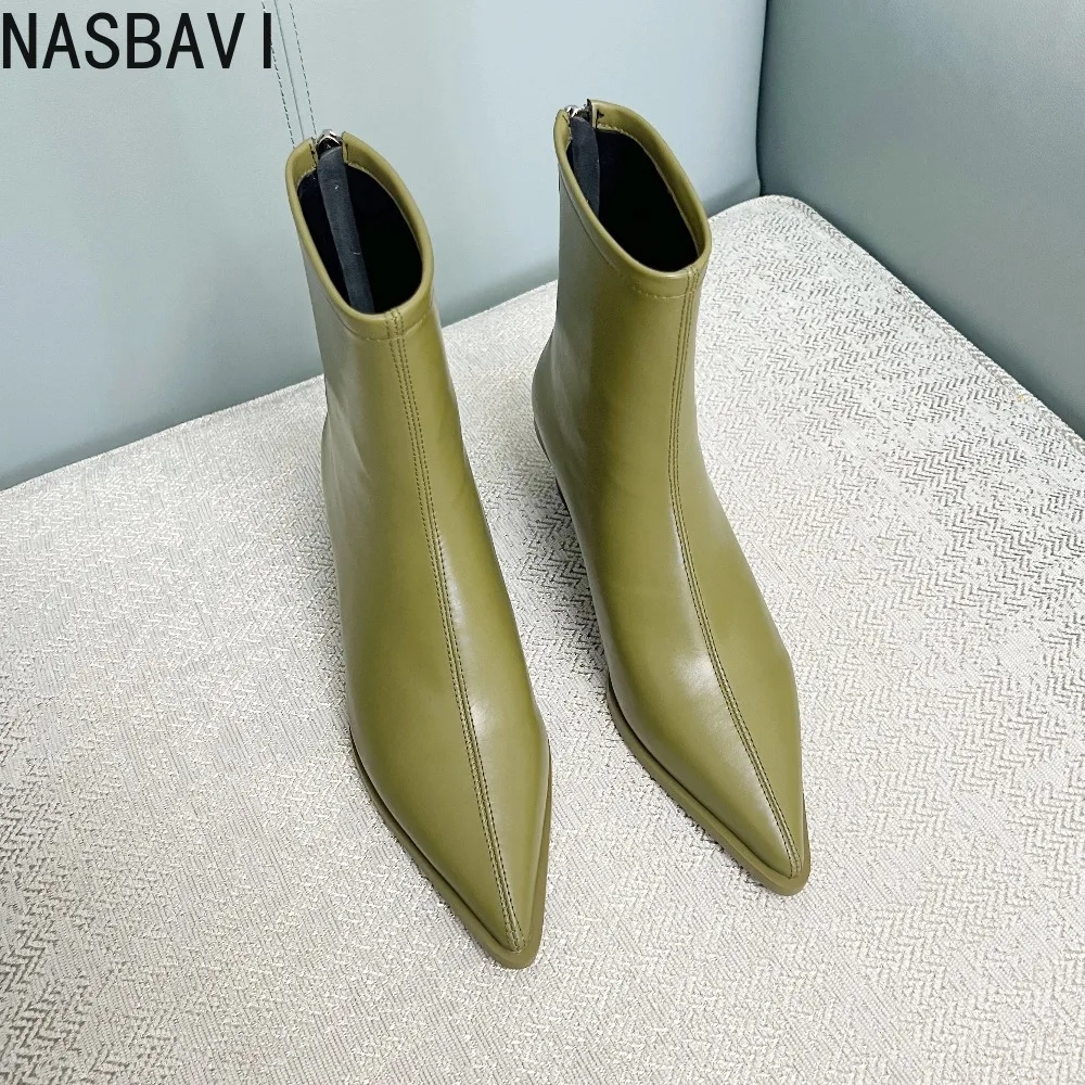 NASBAVI Sexy Fashion Women Ankle Boots Genuine Leather Autumn Winter Boots Zipper Chunky Heel Pointed Toe Black Dress Shoes