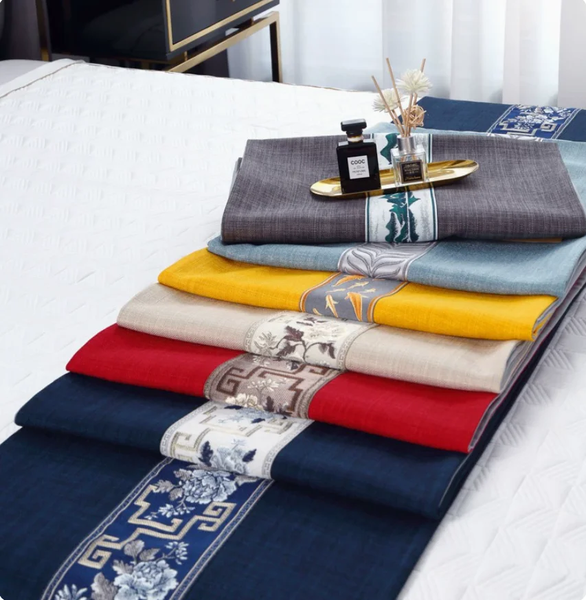 Chinese Style Embroidery Bed Runner, Navy Blue Floral Decorative Bed Scarf, Luxury Hotel Homestay Beauty Salon Bed End Throw
