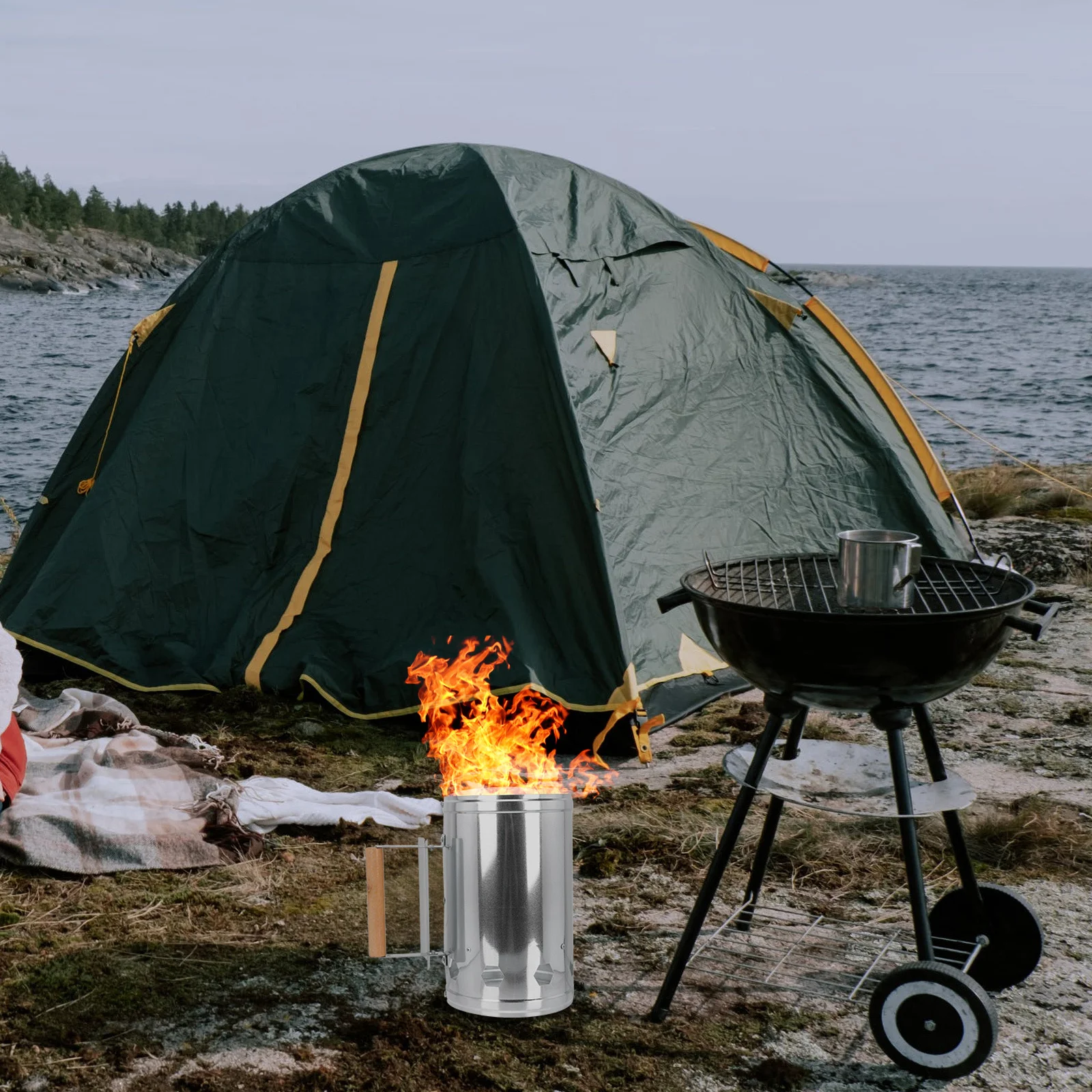 

Bbq Chimney Charcoal Starter Large Rust-Resistant Metal With Heat Shield Wood Handle Fast Ignition For Outdoor Grilling Camping