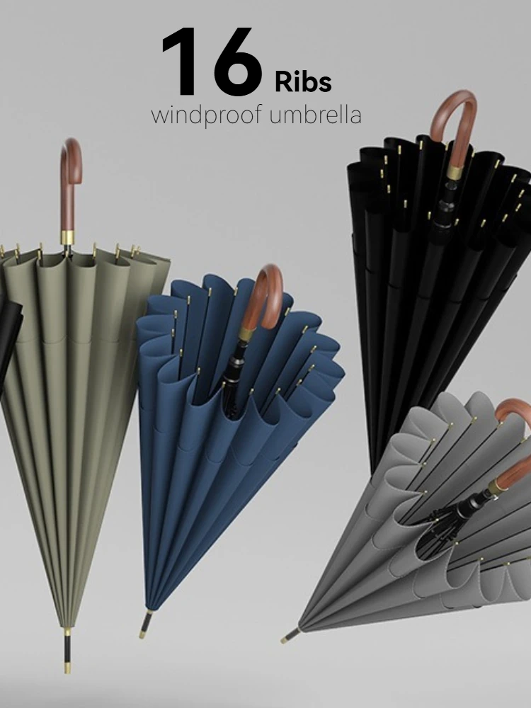 Long Handle 16 Bones Windproof Umbrella Men Business Golf Large Rain Umbrella Waterproof Double Layer Strong Umbrella Woman