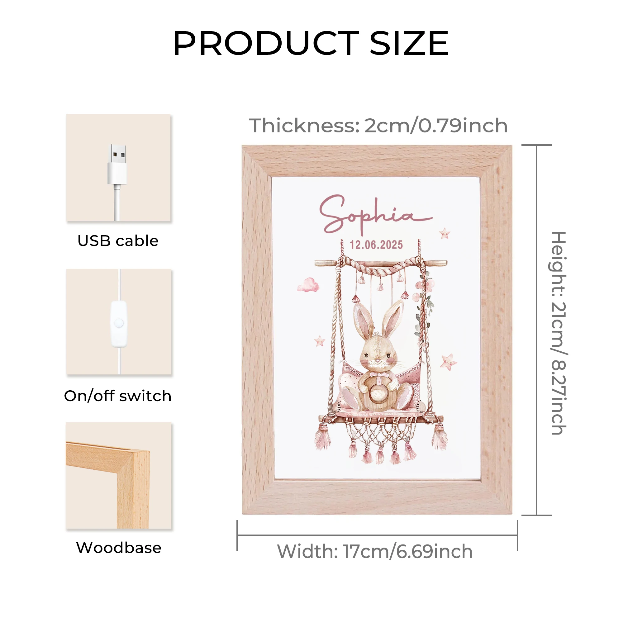 2D Flat Custom Name Cartoon Swings And Rabbits LED Acrylic Night Light Wood Photo Frame 21x17cm Child Bedroom Gifts Home Decor