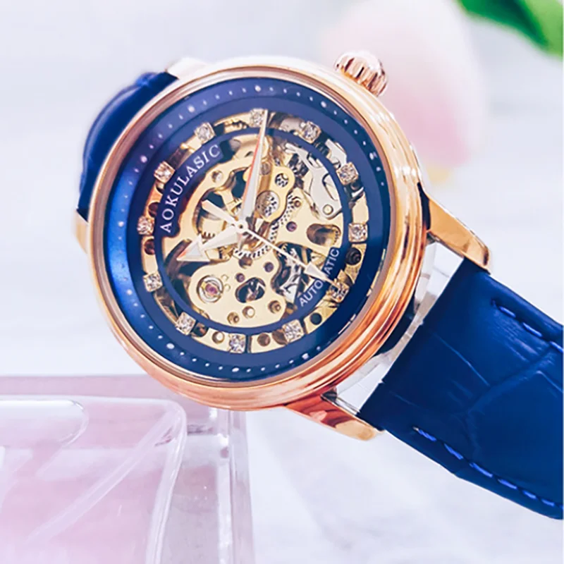 Ladies Hollow Diamond Automatic Mechanical Watch Luminous 30m Water Resistant Genuine Leather Strap Screw Crown Simple Watch - view 5