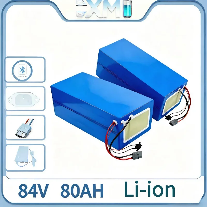 84V 80Ah/100Ah Li-ion Battery Pack, Built-in Smart BMS with Bluetooth APP, 10A Charger Combo. Rechargeable Lithium Power Battery