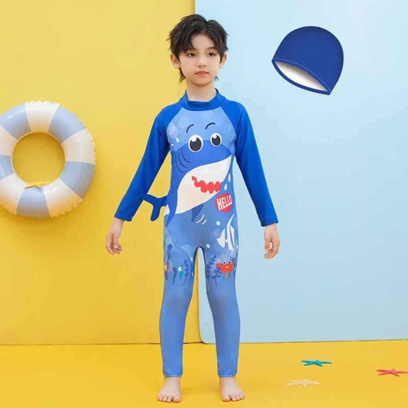 Spring Autumn Baby Boy Girl One Piece Swimsuit Hat 2 Pcs Set Children Swimwear Cartoon Dinosaur Shark Unicorn Suit Kid Beachwear