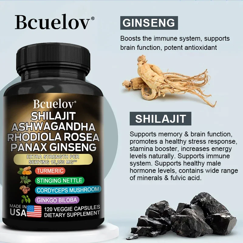 SHILAJIT-Cápsulas de Sal Marinho Orgânico, Melhora o Desempenho, Energia, Massa Muscular, Endurance, Suplemento Anti-Fadiga, 2 Frascos