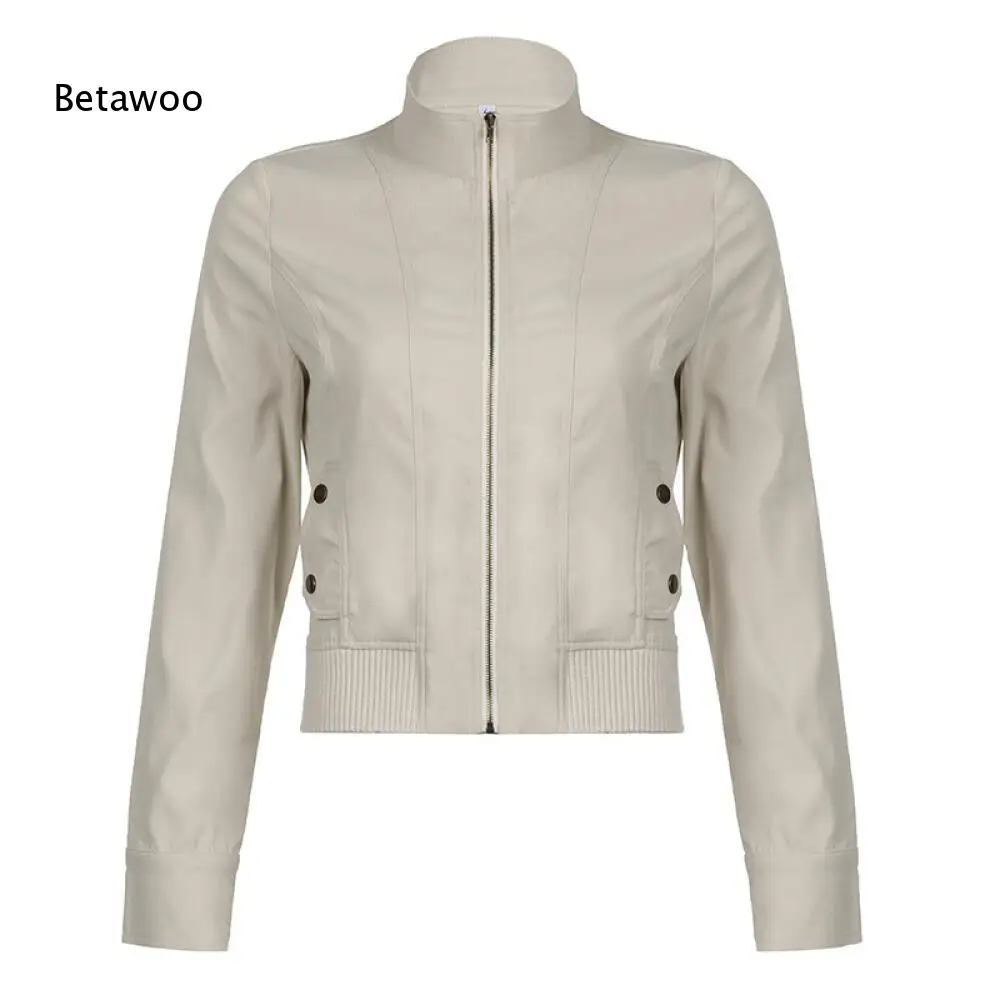Korean Minimal Stand Neck Zip Cropped Coat Metal Decor Pocket Ribbed Hem Slim Fit Long Sleeve Jacket