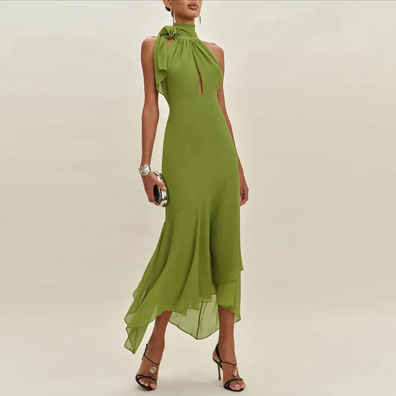 Spring Turtleneck Lace Up Evening Dress Woman Elegant Solid Slim Ruffle Irregular Dress Summer Backless Hollow Boho Long Dresses