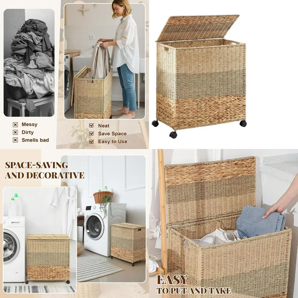 

Rolling Wicker Laundry Basket with Lid, Removable Liner, and Handles for Clothes - Natural Water Hyacinth (2-Section)