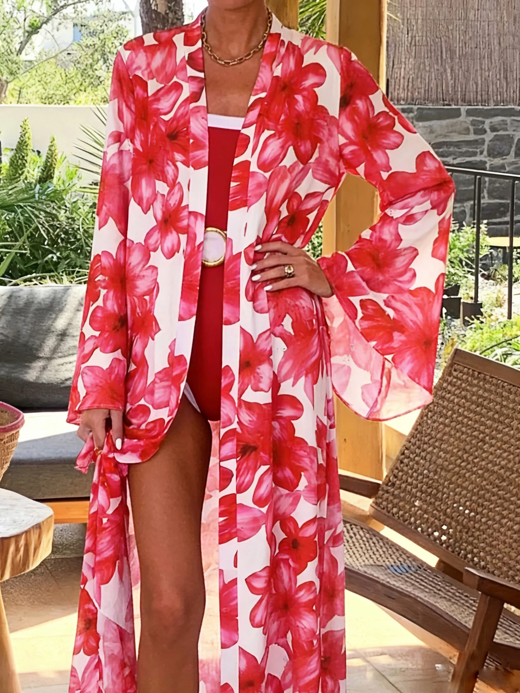 Women's Red Floral Kimono Robe - Kimono Sheer Floral ulasan dan harga