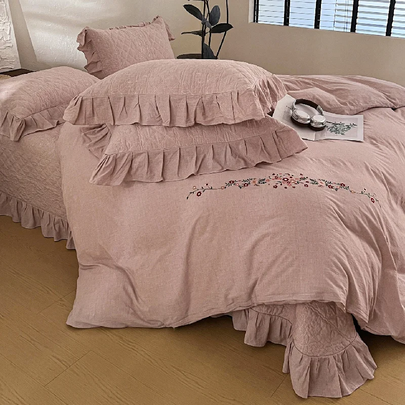 Luxury Cotton Linen Embroidery Quilted Bedspread Set | Solid Color Lace Edge Quilt | 3pcs/4pcs Soft Bedding Set for All Season