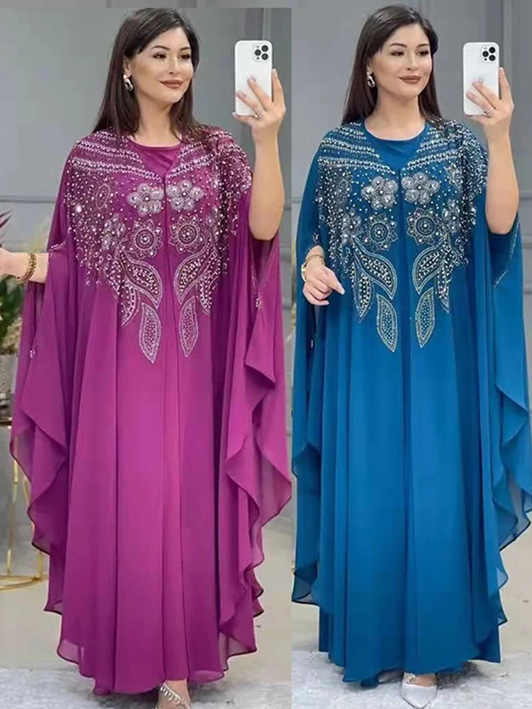 

Summer African Muslim Caftan Abaya Dress set Women Diamond bead 2 piece set Morocco Kaftan Chiffon Islamic Bat Sleeve Long Dress