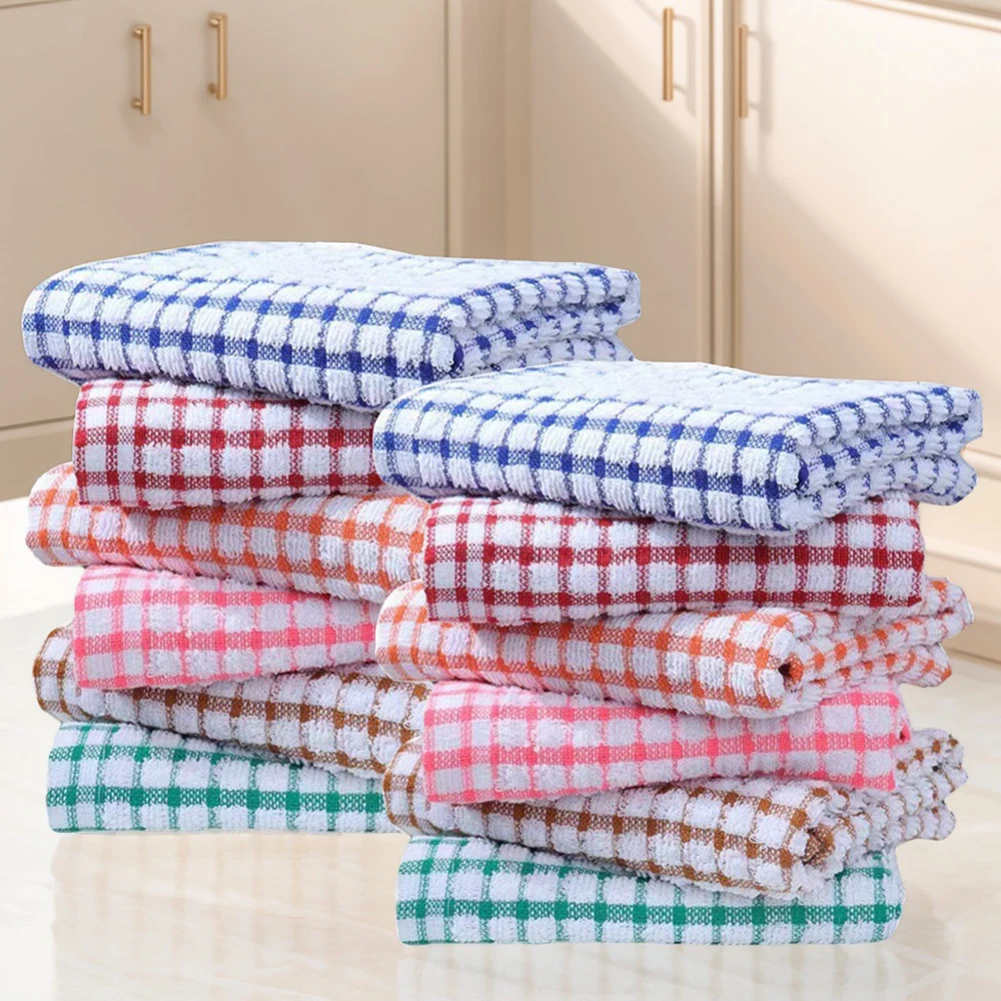 Absorbent Hand Towels Cotton Yarn Kitchen Dishcloths Set Checkered Decorative Towels for Bathroom Decoration