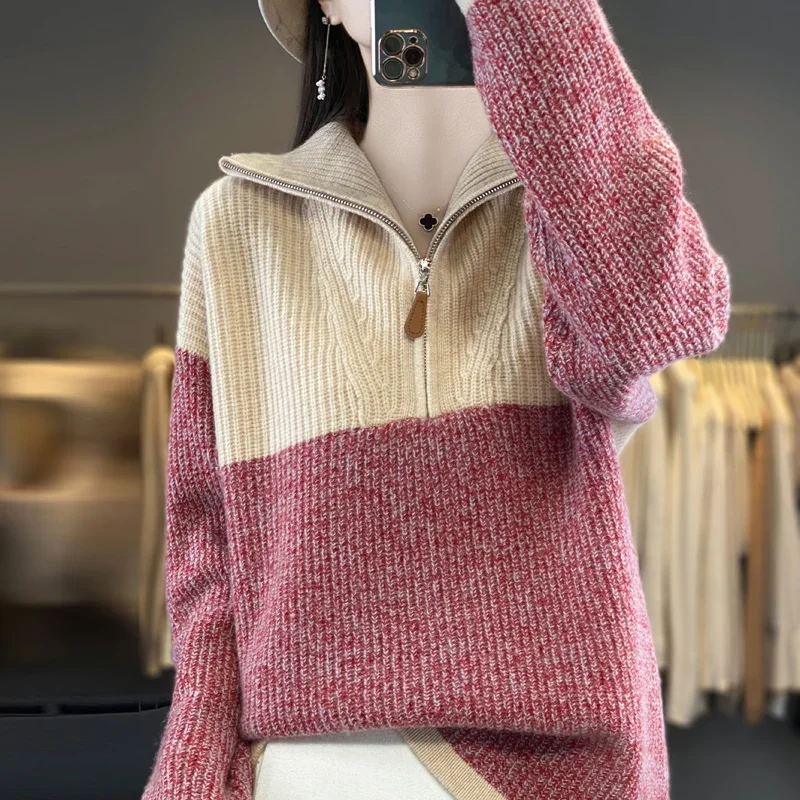 Autumn And Winter New 100% Pure Wool High Lapel Women's Half Zip Matching Color Pullover Loose Slimming Long-Sleeved Sweater