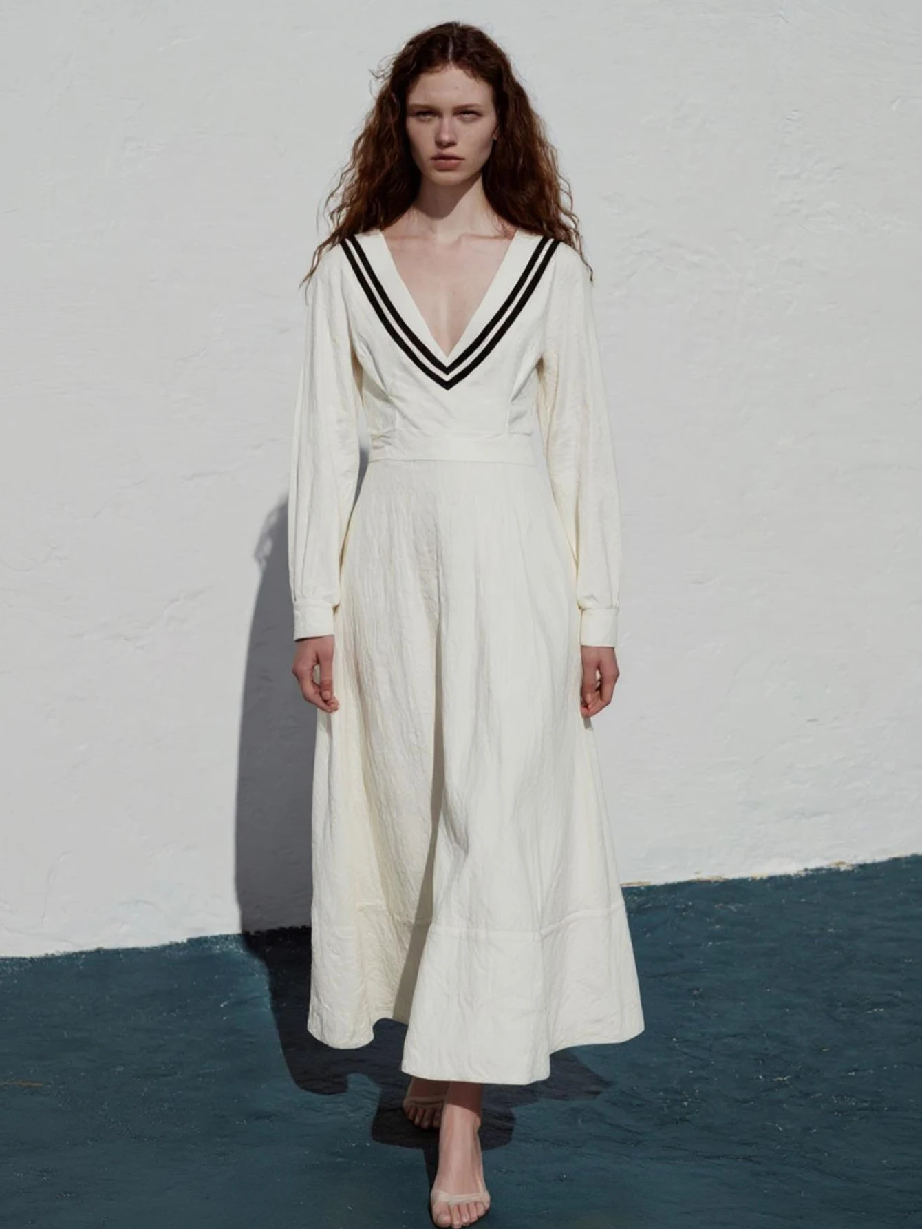 Women's Patchwork Long Sleeve Midi Dress K-Fashion Casual Plunge Neck Daily Dress for Summer Autumn