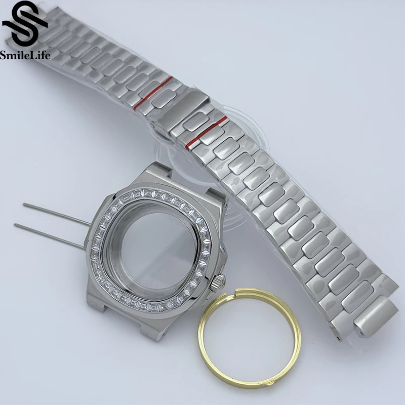 SmileLife Novos acessórios de relógio caixa de 41 mm com diamantes PP Nautilus caixa preta + pulseira com movimento NH35/NH36 para mostrador de 30,5 mm