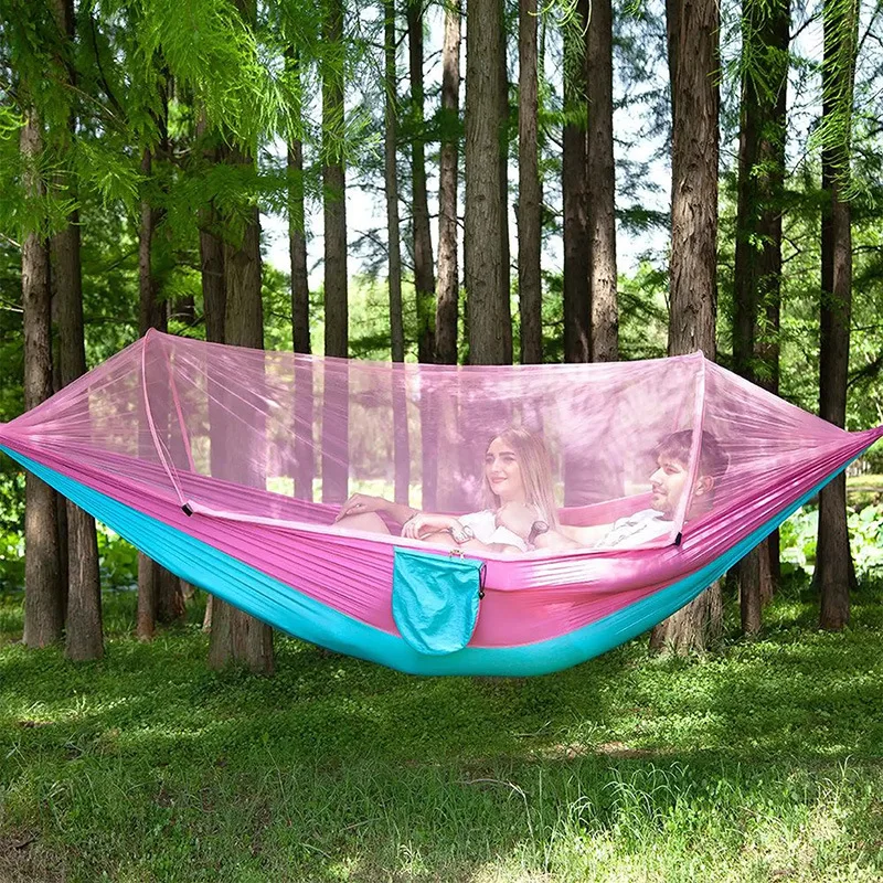 

Outdoor Super Light Camping Hammock 260x140cm Parachute Cloth Pole Mosquito Net Hammock Travel Leisure Portable Hammock Swing