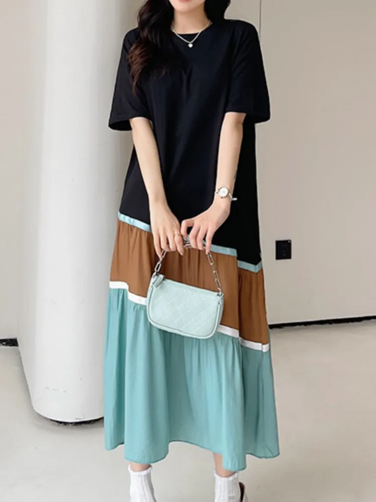 Sommer frauen Kleider Lose Plus Größe Patchwork Dame Vestidos Kurzarm Weibliche Robe T-Shirt Schwarz Kleid Kleidung