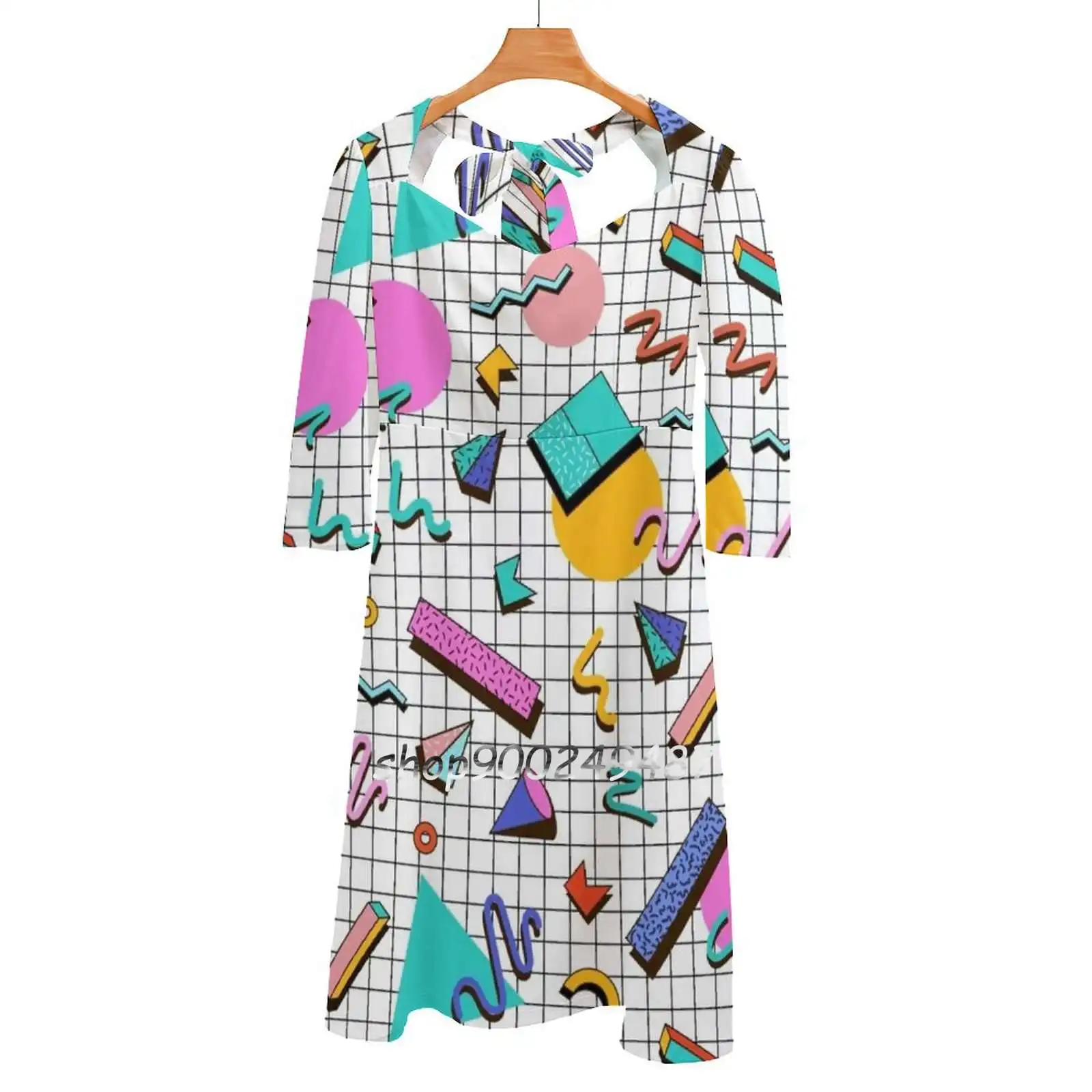 Funky 80S Eighties Memphis Pattern Design Sweet Elegant Dress Women Korean Kawaii Square Collar Dress 80S Retro Design 80S