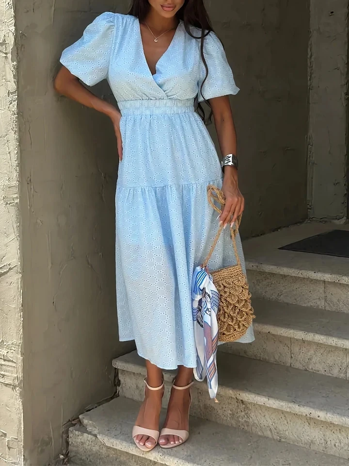 

Elegant Short Sleeve Loose Party Dress Stylish V-neck Lace Hollow Out Vacation Dress Summer Solid Color High Waist A-line Dress