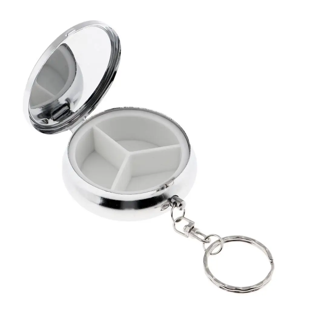 Round Keychain Cosmetics Blush Holder Case 3 Grids Travel Purse Pill Organizer Candies with Mirror