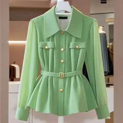 2026 Spring/Summer Women Shirt New Solid Color Single Breasted Long Sleeved High-End Chic Tops Female Blouse Ladies Shirt Green