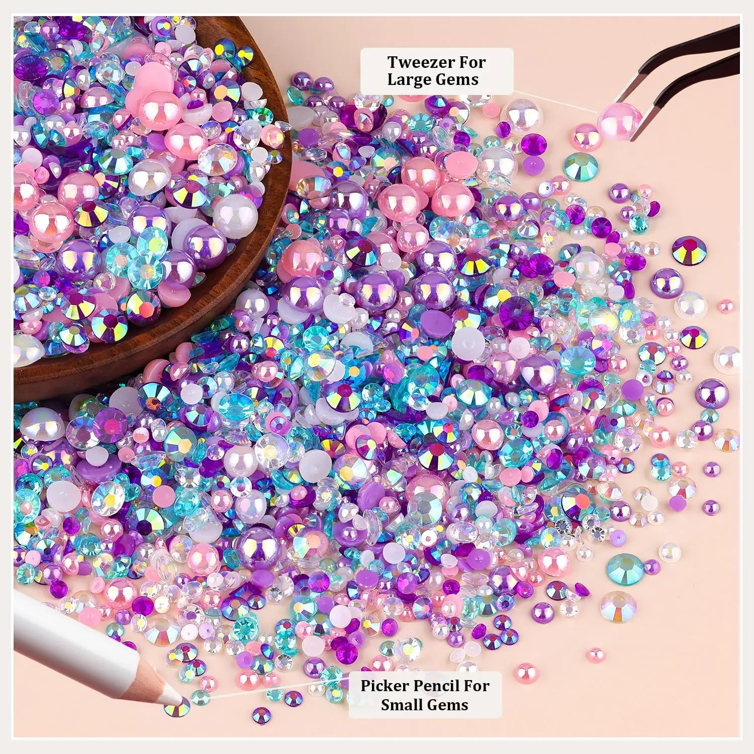 8320PCS flat bottomed resin pearls and rhinestones, purple, pink, white mixed size 3-8mm, used for decoration, nail art, and DIY