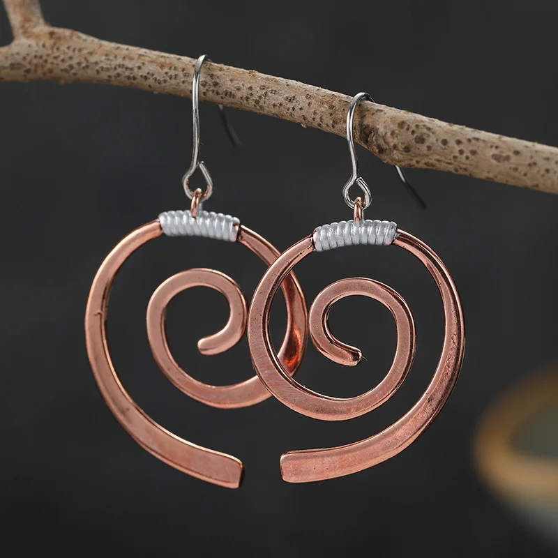 Retro Copper Texture Vortex Hanging Earrings Women's Artistic Handmade Style Fashion Earrings Vintage Jewelry Accessory