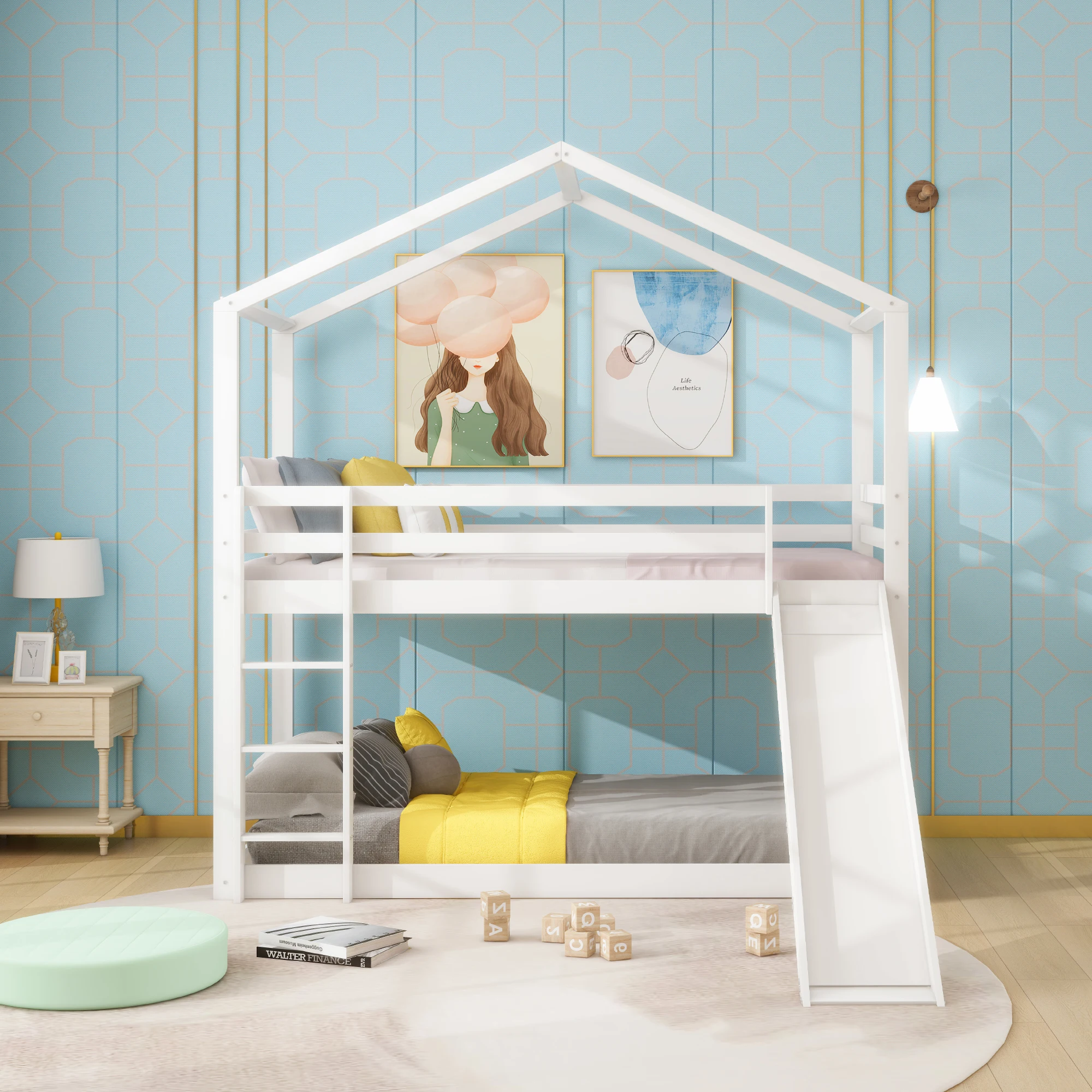 Children bed house bed, Low bunk bed with slide, solid wood bunk bed frame with slatted frame 90x200 cm, White