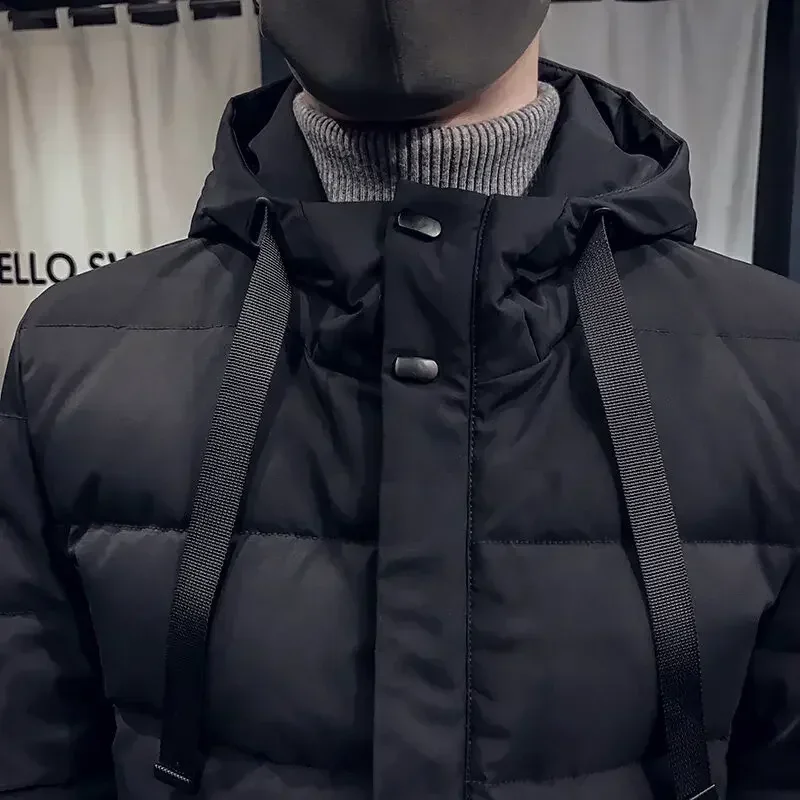 Jaqueta acolchoada monocromática masculina, Parka estilo longo, casaco com capuz à prova de vento, roupa de neve ao ar livre, clássica, grossa,