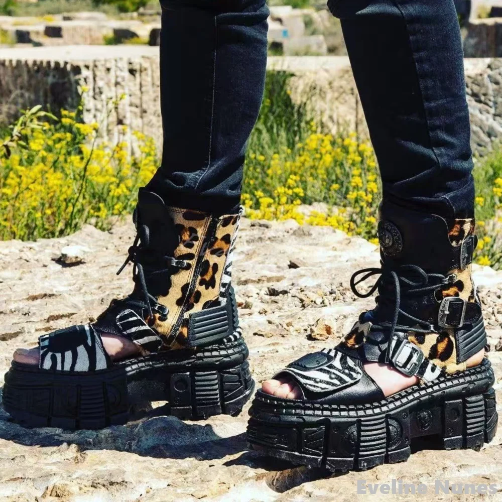 

Punk Heavy Metal Sandals Women/men Thick Sole Peep Toe Belt Buckle Boots Vintage Leopard Print Couple Rivet Motorcycle Sandals