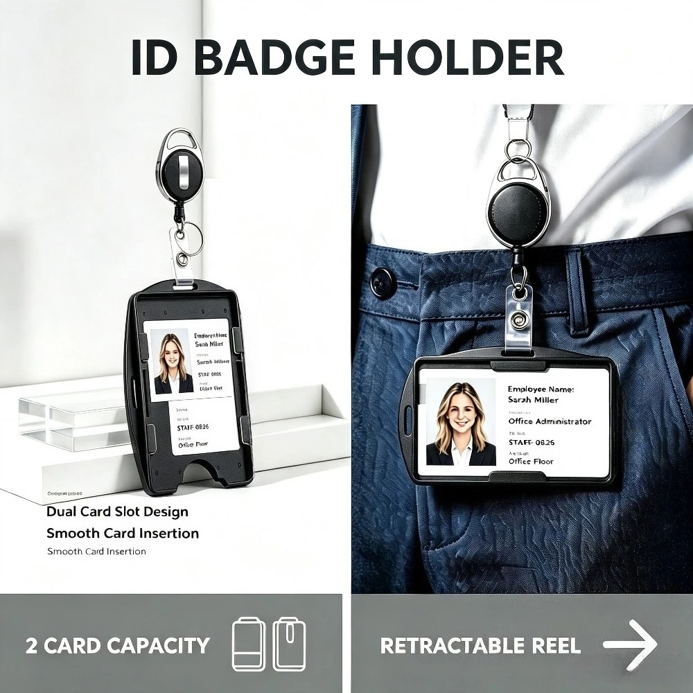 Black Horizontal Vertical Dual-use Card Holder Keychain Clip Set Badge Holder Plastic Working Permit Case Pass Card Sleeve