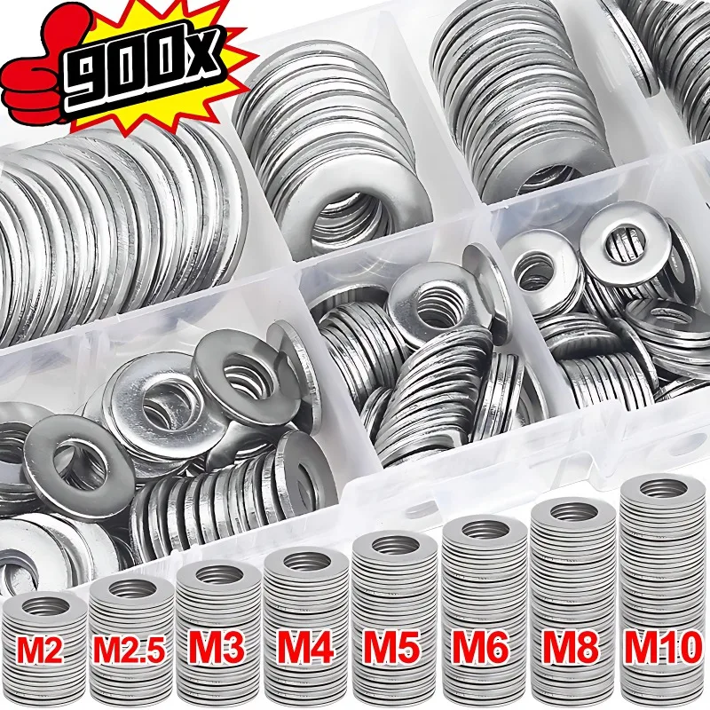 900/180Pcs Stainless Steel Flat Washers Assortment Kit Flat Gasket Rings Plain M2 M2.5 M3 M4 M5 M6 M8 M10 Hardware Metal Washers