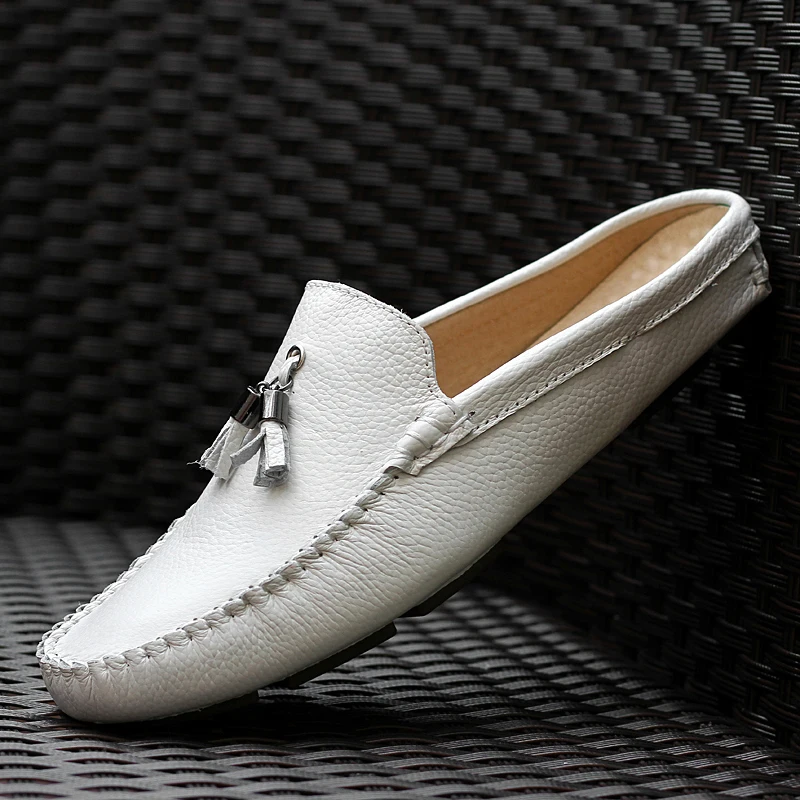 Summer Mules Men Shoes White Backless Leather Half Shoes For Men Semi-Drag Casual Shoes Loafers Flip Flops Flats Sandals 2024