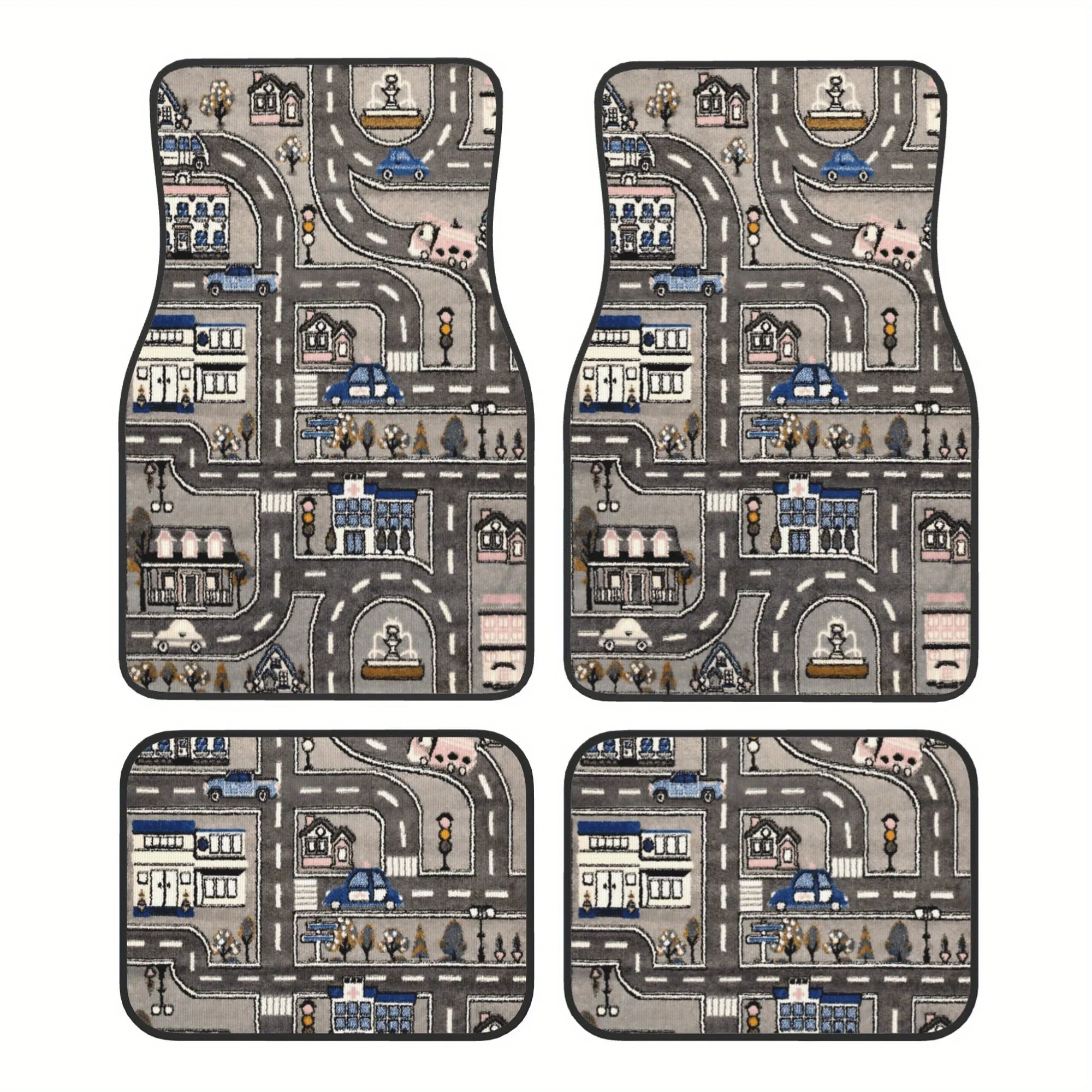 

2pcs/4pcs 90s Retro Car Floor Mats - Interlocking City Road Pattern Print, Durable Car Mats For Interior Use, Enhances Driving C