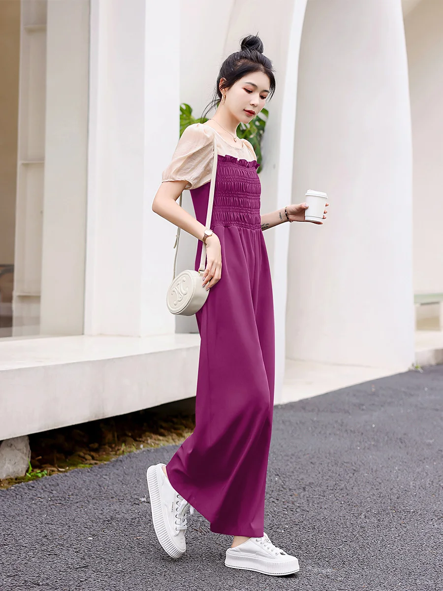 กางเกงเอวสูงแฟชั่นผู้หญิง สไตล์ลำลองสำหรับฤดูร้อน รุ่นใหม่ ช่วยให้ดูผอม ทรงขากว้าง จั๊มพ์สูทใส่สบาย เหมาะกับการเดินทาง ผ้าบางเบา...