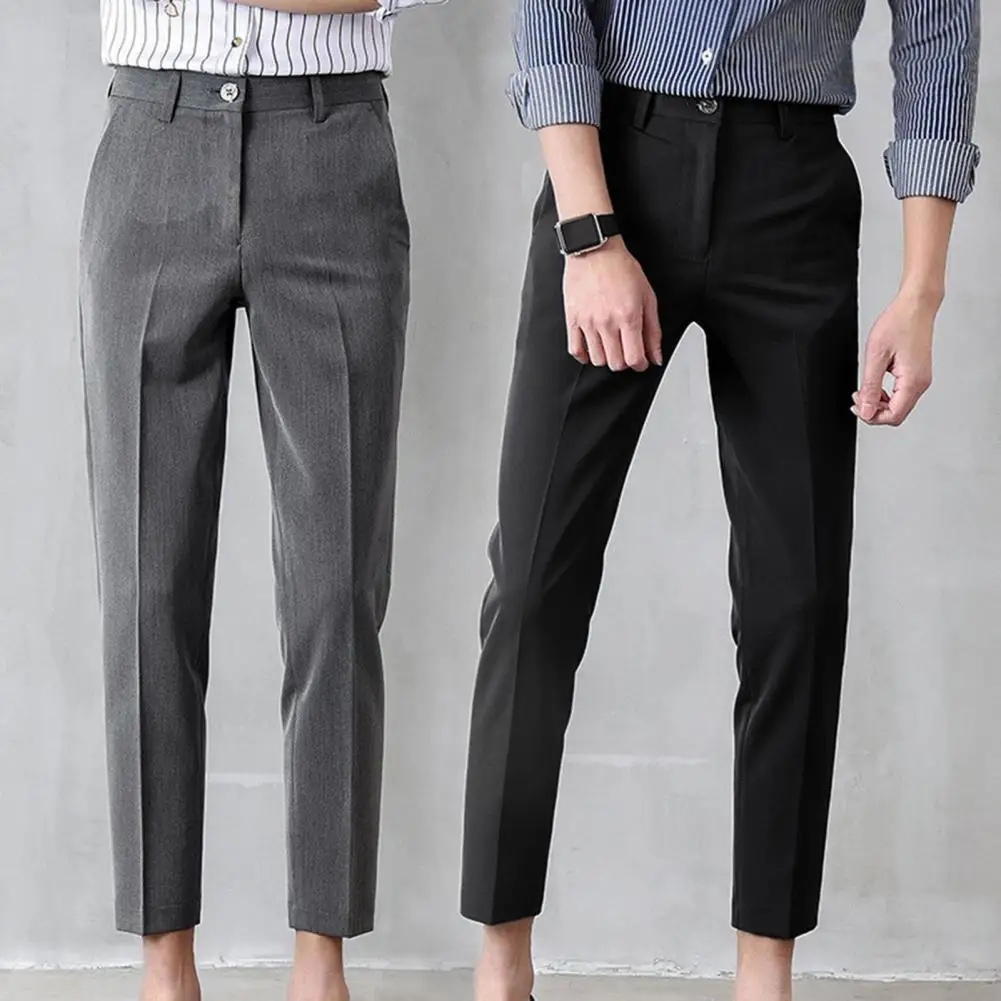 

Men Trousers Slim Fit Business Trousers Straight Leg Mid Waist Trousers Ankle Length Zipper Work Pants Solid Color Suit Pants