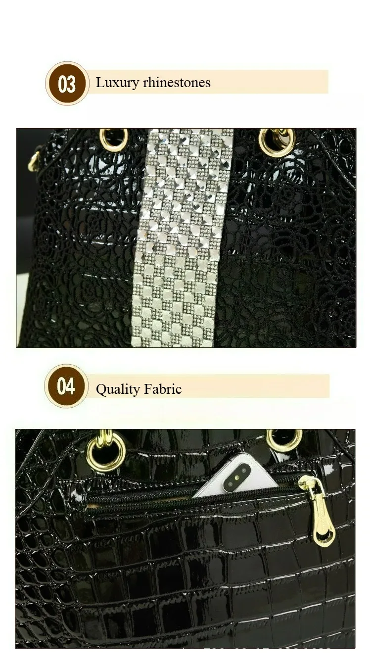 2026 Neue Elegante Handtasche mit Krokodilmuster aus Lackleder mit Spitzen- und Diamantenbesatz als Schulter- und Umhängetasche – Detail 9
