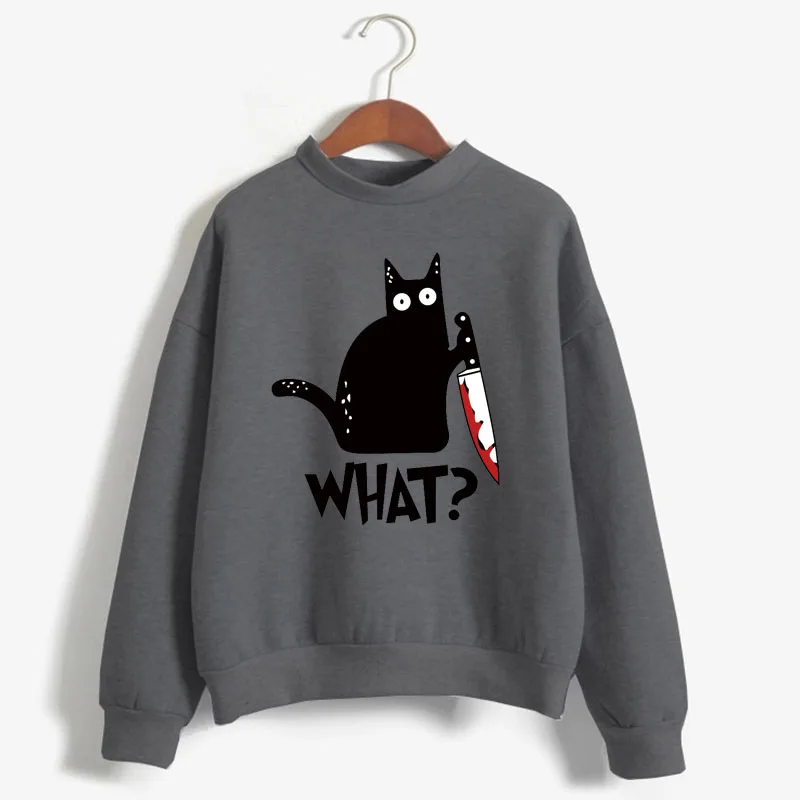 Gato preto assassino o quê? Impressão surpresa mulher sweatshirts doce coreano o-pescoço de malha pullovers outono doce cor roupas femininas