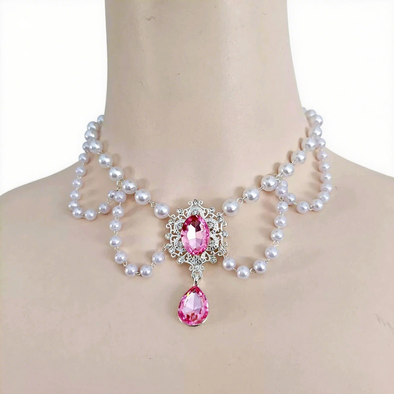 Handmade Lolita Necklace Rococo Style Multilayer Pearl Crystal Beads Gem Collarbone Chain Wedding Bride Accessory Daily Wear