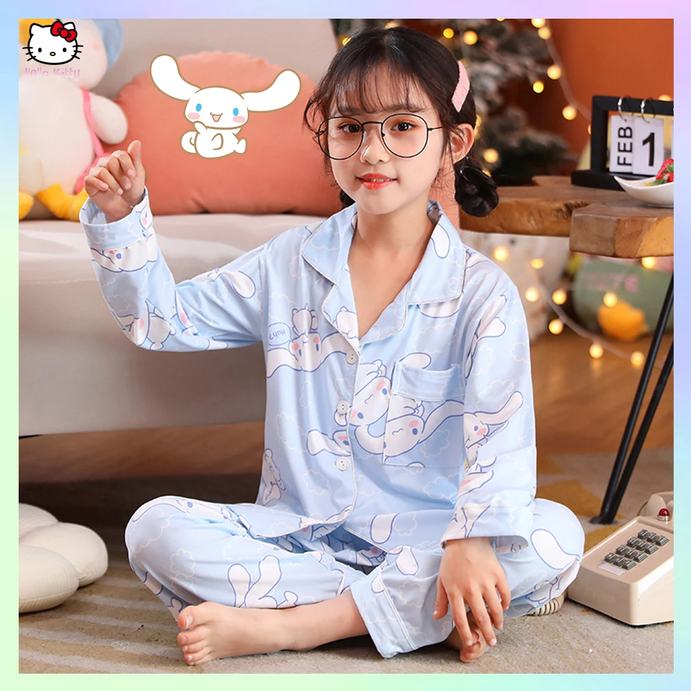 Children's Pajamas Anime Sanrioed Kuromi Cinnamoroll Melody Long Sleeve Kawaii Kids Spring Cotton Cartoon Parent-Child Homewear