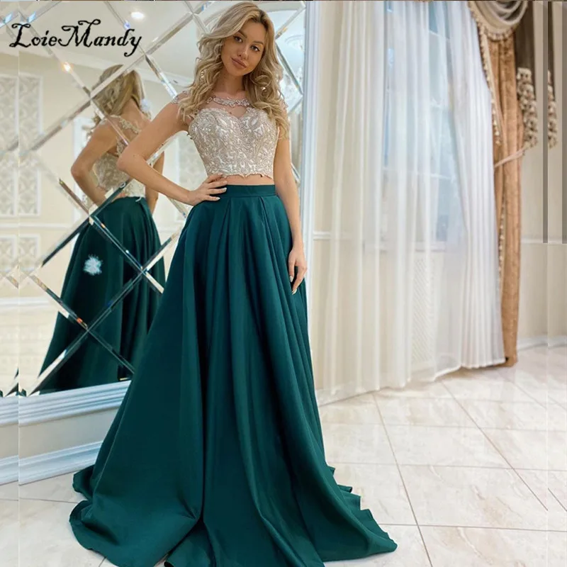 Two Pieces Prom Dresses Long Sheer Champange Lace Evening Party Dress For Women Green Satin Formal Occasion Gowns