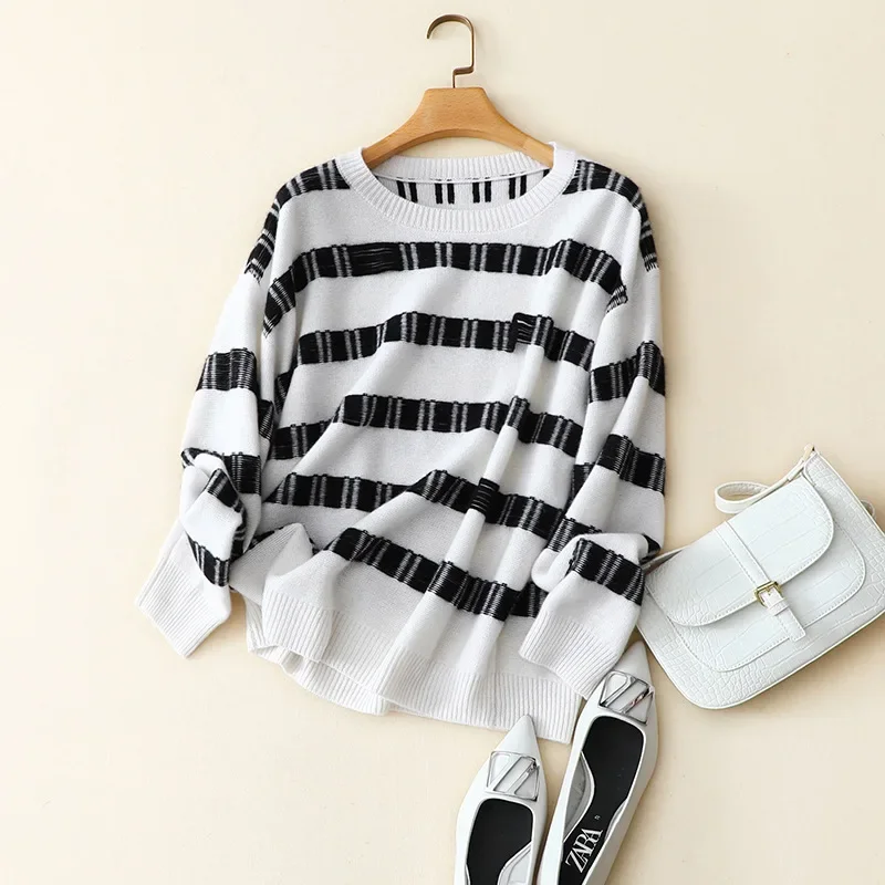 

aliaga 100% cashmere striped sweater women crew neck casual fashion soft autumn winter pullovers