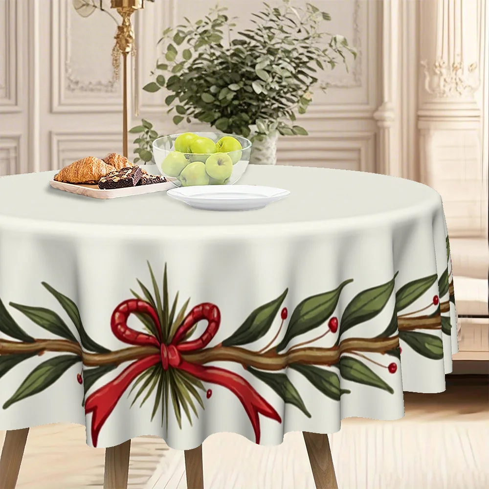 Round tablecloth with white wreath and red bow - elegant festive table decoration with mechanism, suitable for Christmas