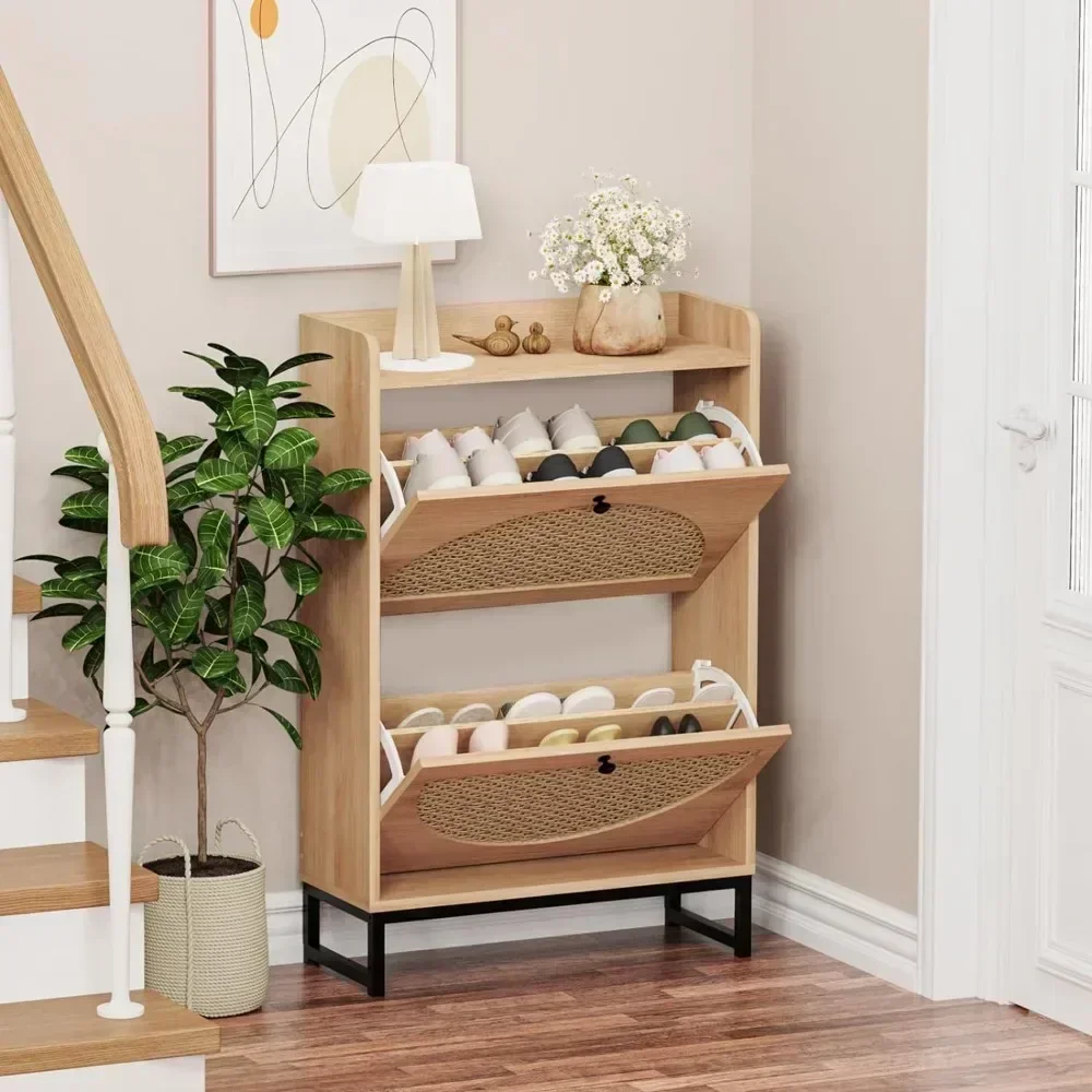 Shoe Cabinet with 2 Handmade Natural Rattan Flip Drawers, Entryway Shoe Rack Storage Organizer , Free Standing Shoe Racks