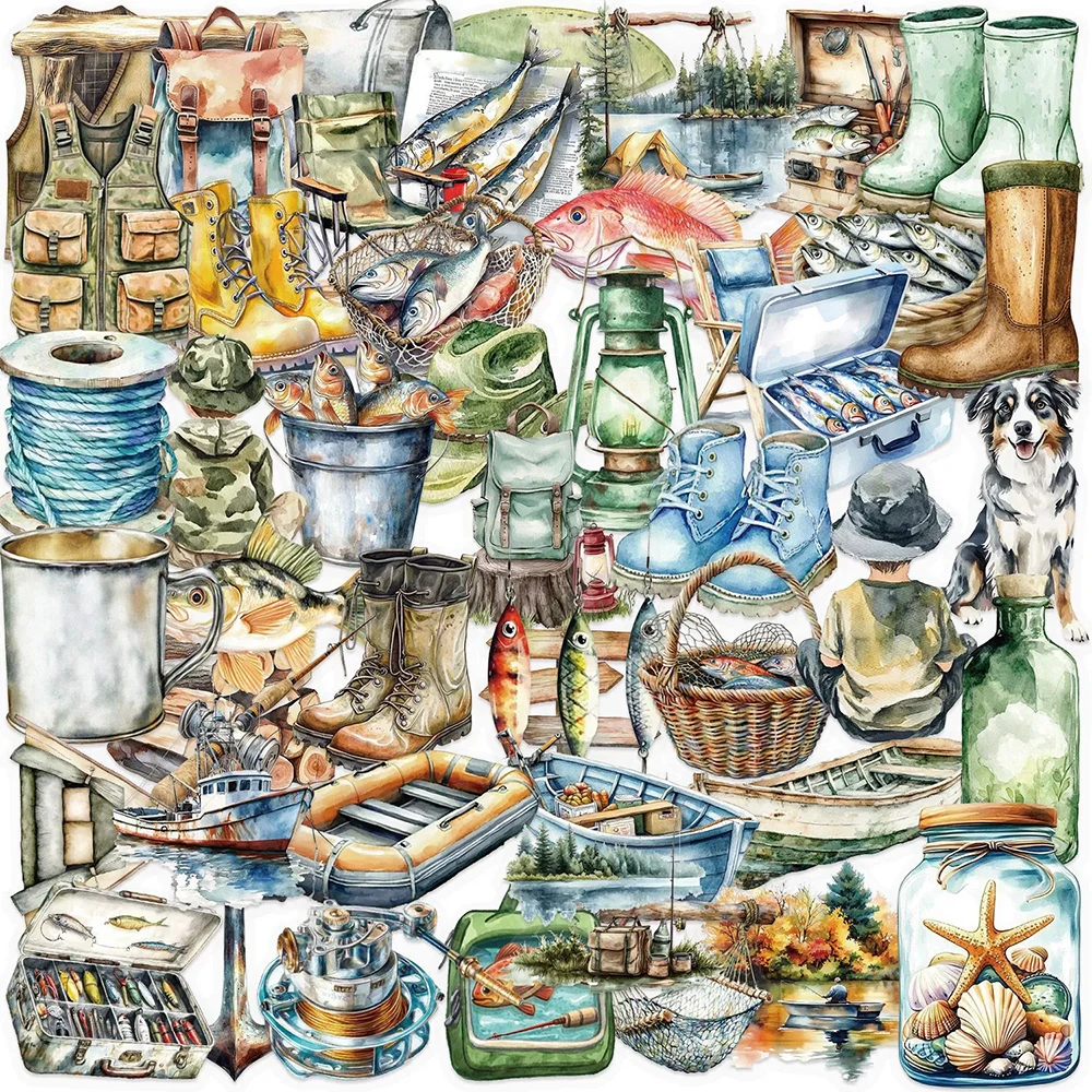 

10/30/50pcs Watercolor Outdoor Fishing Graffiti Stickers for Motorcycle Luggage Helmet Notebook Cool Cartoon Transparent Sticker