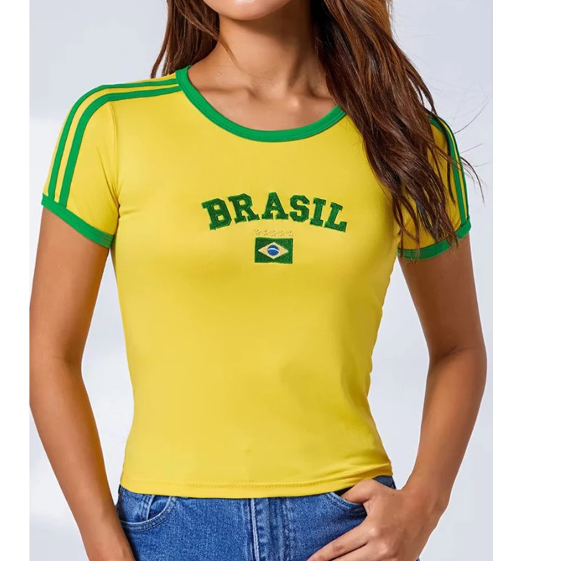 

New European and American fashion Y2K flag print embroidery short style slim fit crop exposed short sleeved T-shirt personalized