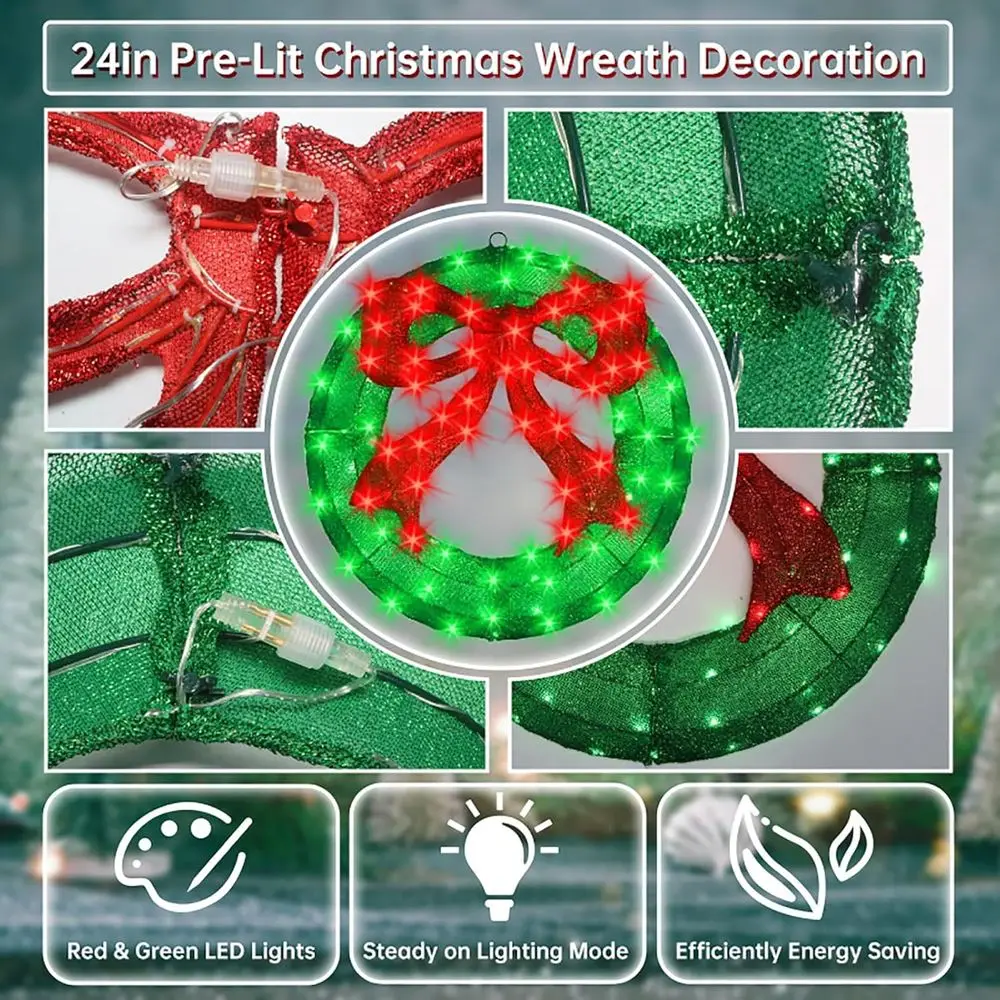 24 ярких светодиодных рождественских венок с красным бантом — большое освещенное наружное украшение для окон и входной двери